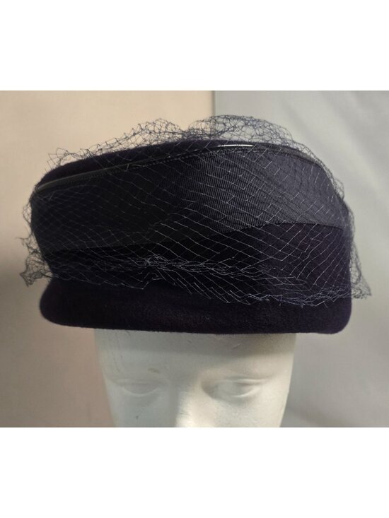 Vintage Glenover Hat Ribbon Veil pillbox Navy Blue Felt formal  derby party main image 10